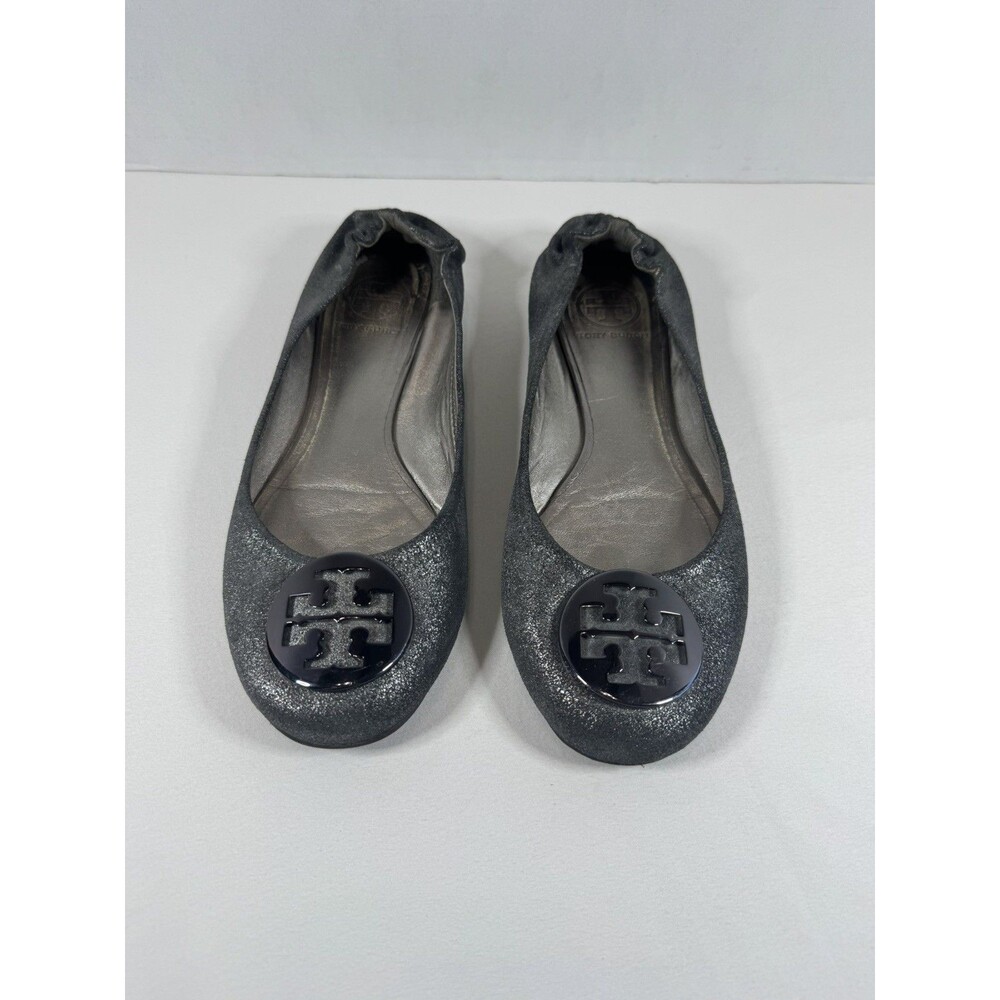 Tory Burch Silver Leather Ballet Flats Womens US 8 M Slip-On Round Toe Logo